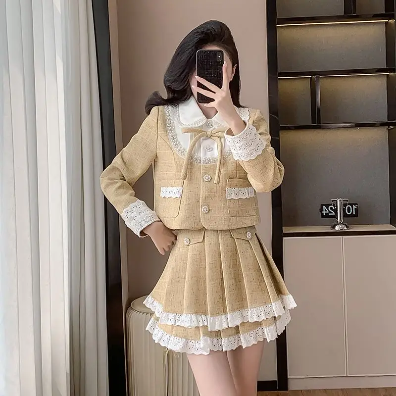 Two-Piece Set Of Small Fragrant Jacket Puffy Pleated Skirt 2024 Autumn Winter New Style Doll Collar Bow Knot High-End Suit