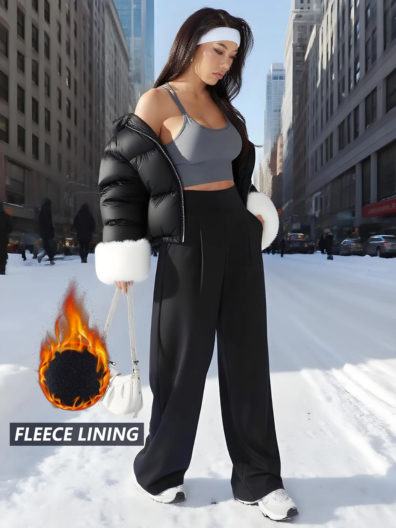 العصرية الشتاء الصوف مبطن واسعة الساق السراويل ث/جيب عالية الخصر السراويل الدافئة المرأة السراويل/الملابس السراويل واسعة ملابس امرأة