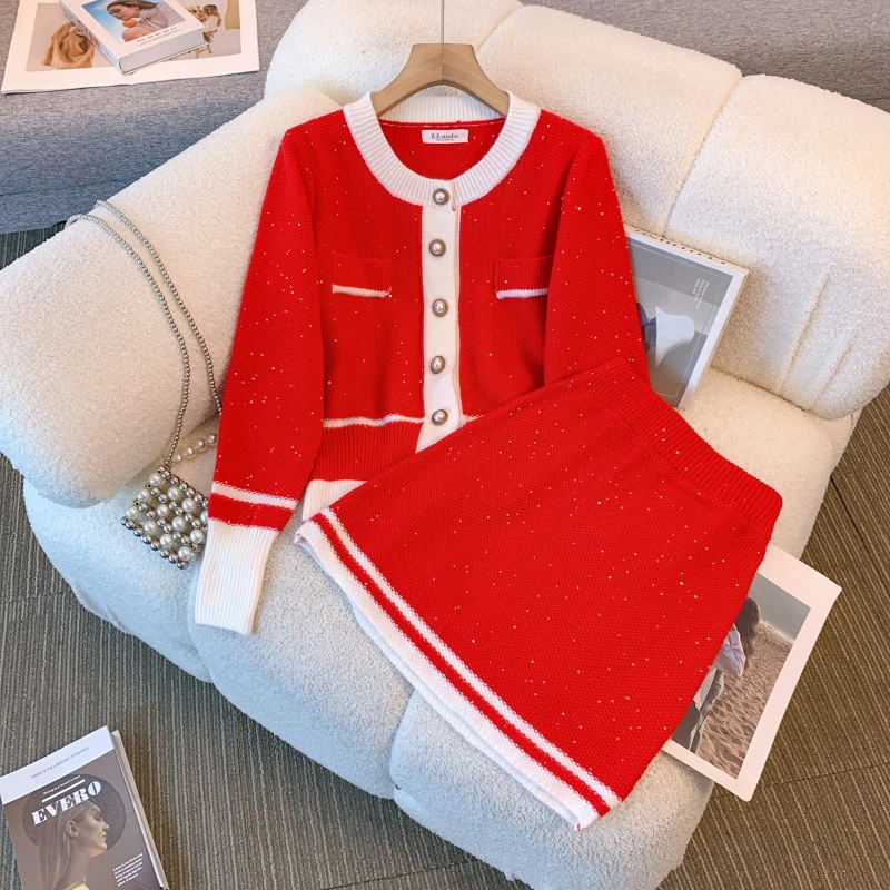 Women Elegant Chic Y2K Suit Cardigan Sweater Top And Mini Skirt Two Piece Set Outfit Winter New Fashion Korean Clothing Uniform