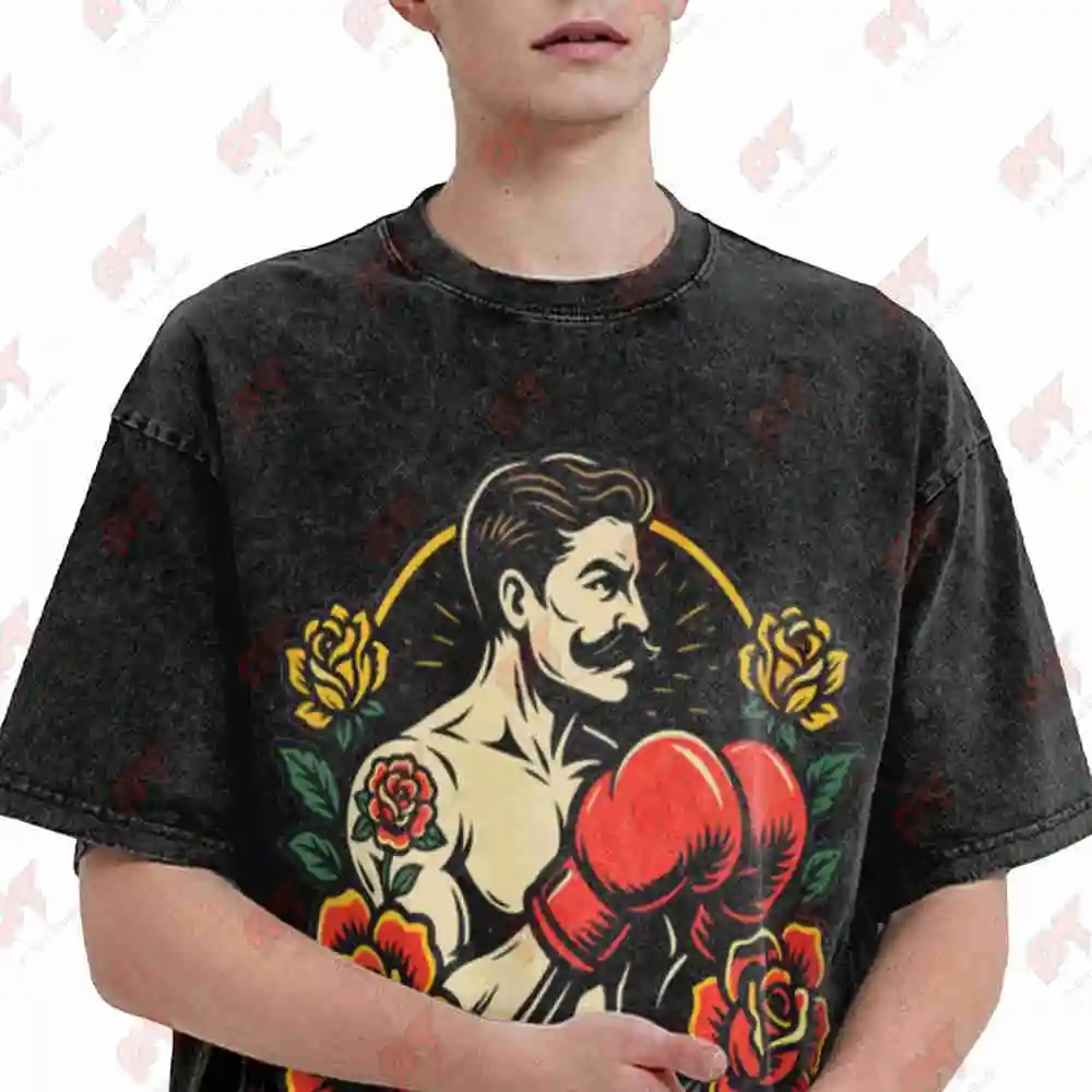 Vintage Tattoo Art Boxer Rose Gloves Vintage Washed Tee Pure Cotton T-Shirt