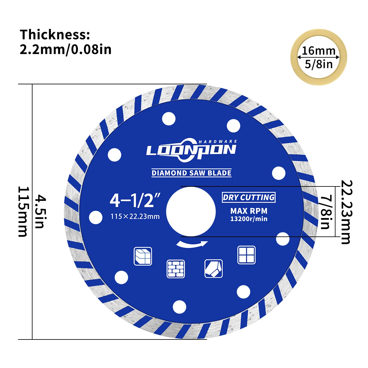 4.5inch 115mm Diamond Segmented Turbo Saw Blade 7/8 Inch Arbor for Dry Wet Cutting Porcelain Tiles Granite Marble Ceramics 3PCS