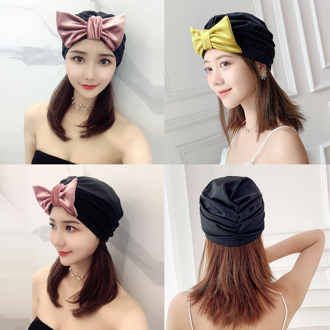 Women Ladies Stylish Cute Big Bowknot Soak Swimming Cap Hats Accessories Waterproof Comfortable Fishtail