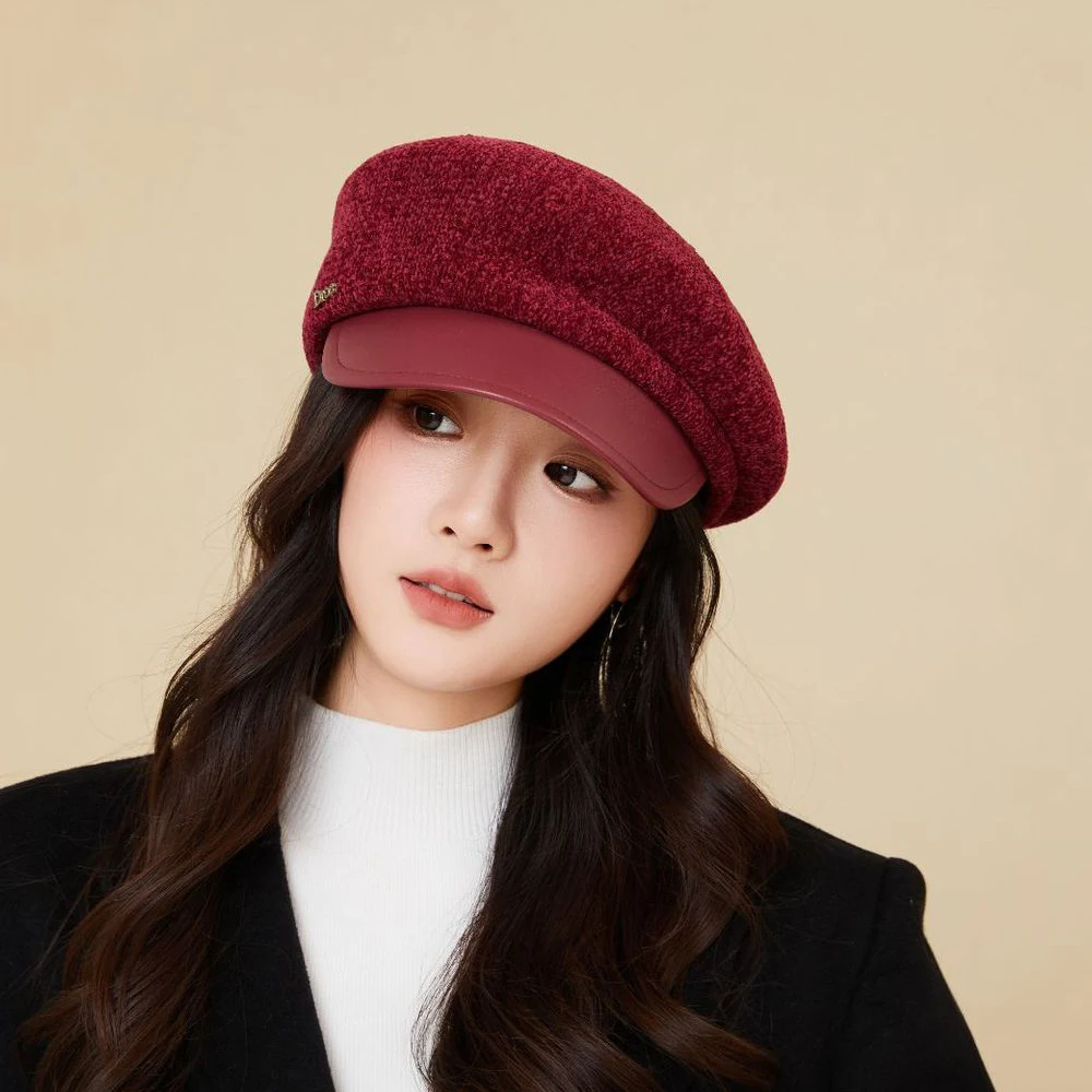 الكورية الشنيل قبعة قبعة بولي Leather الجلود حافة المرأة الخريف قبعة دافئة البريطانية الرجعية قبعة الرسام إلى الأمام القبعات Viisors قبعة القبعات