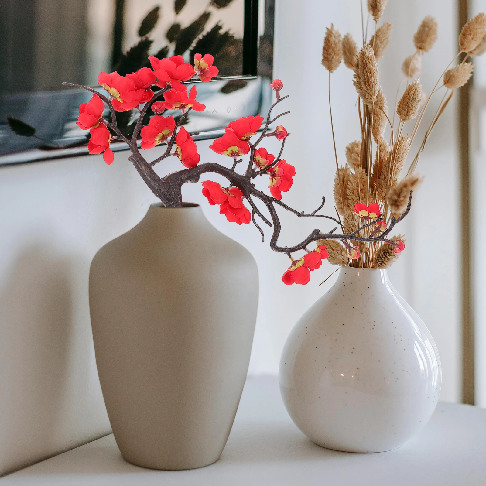 

2pcs Artificial Plum Blossom Branches Realistic Red Decorative Plastic Flowers Home Wedding Party Celebrations Vibrant Color