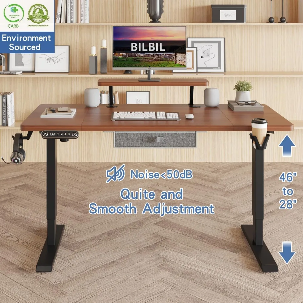 Electric Standing Desk with Drawer, 55x30 Inches Adjustable Height Sit Stand Up Desk with Storage Shelf