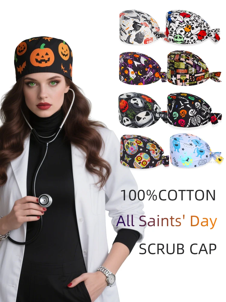 All Saints' Day Surgical Cap 100%Cotton Halloween Operating room Head Hat Hospital Medical Nurse Doctor Work Nursing Scrubs Caps