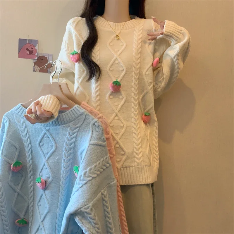 女性用の取り外し可能なストロベリーセーター,ラウンドカラー,ルーズニットセーター,愛らしい女の子,秋冬ファッション