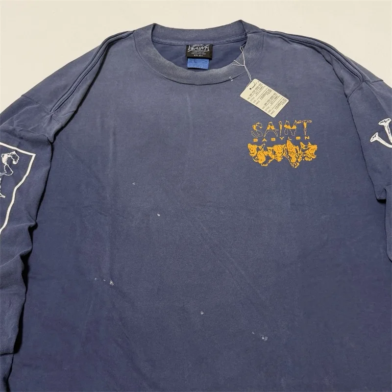 

Большие синие потертые пуловеры SAINT Mxxxxxx для мужчин и женщин 1:1, лучшее качество, ретро футболки с длинными рукавами