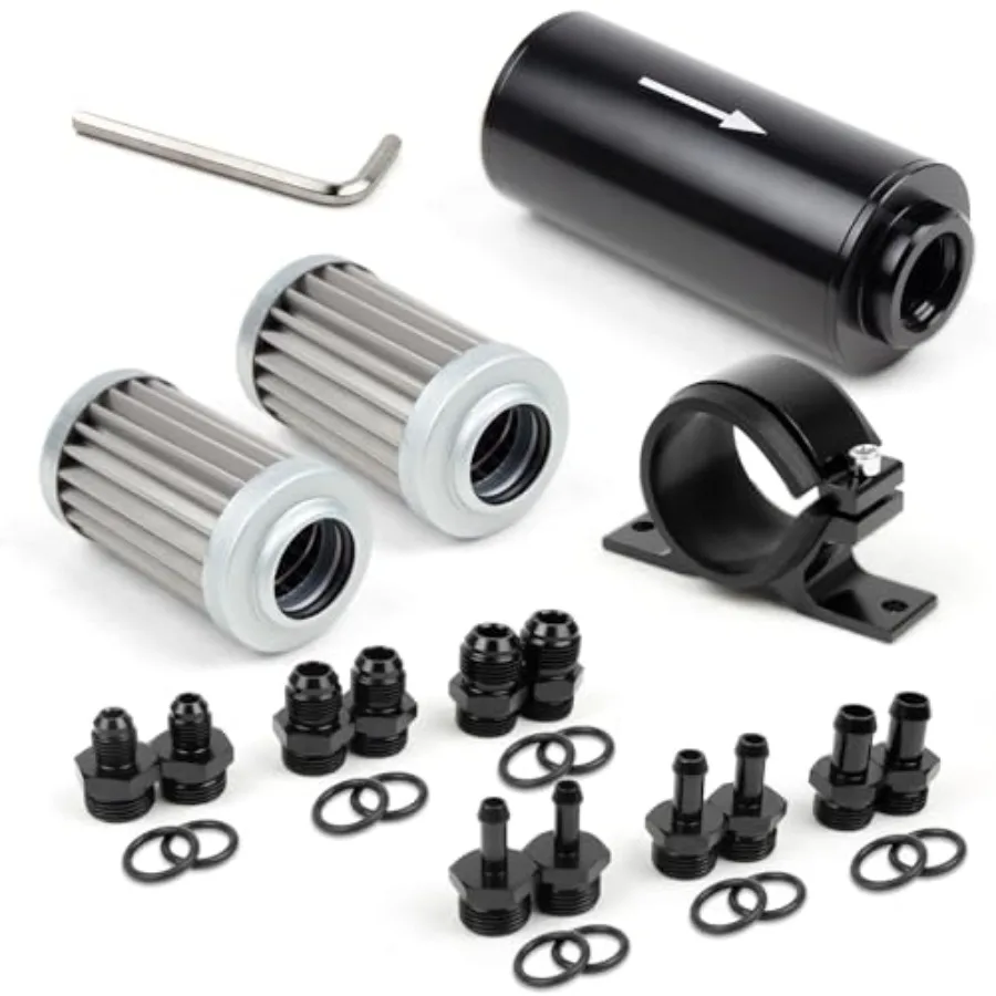 

10 Micron Inline Fuel Filter with 6AN 8AN 10AN Adapter 6pcs,Barb 1/2", 3/8", 5/16" Fitting Adapter (6pcs), Bracket Clamp 50MM U