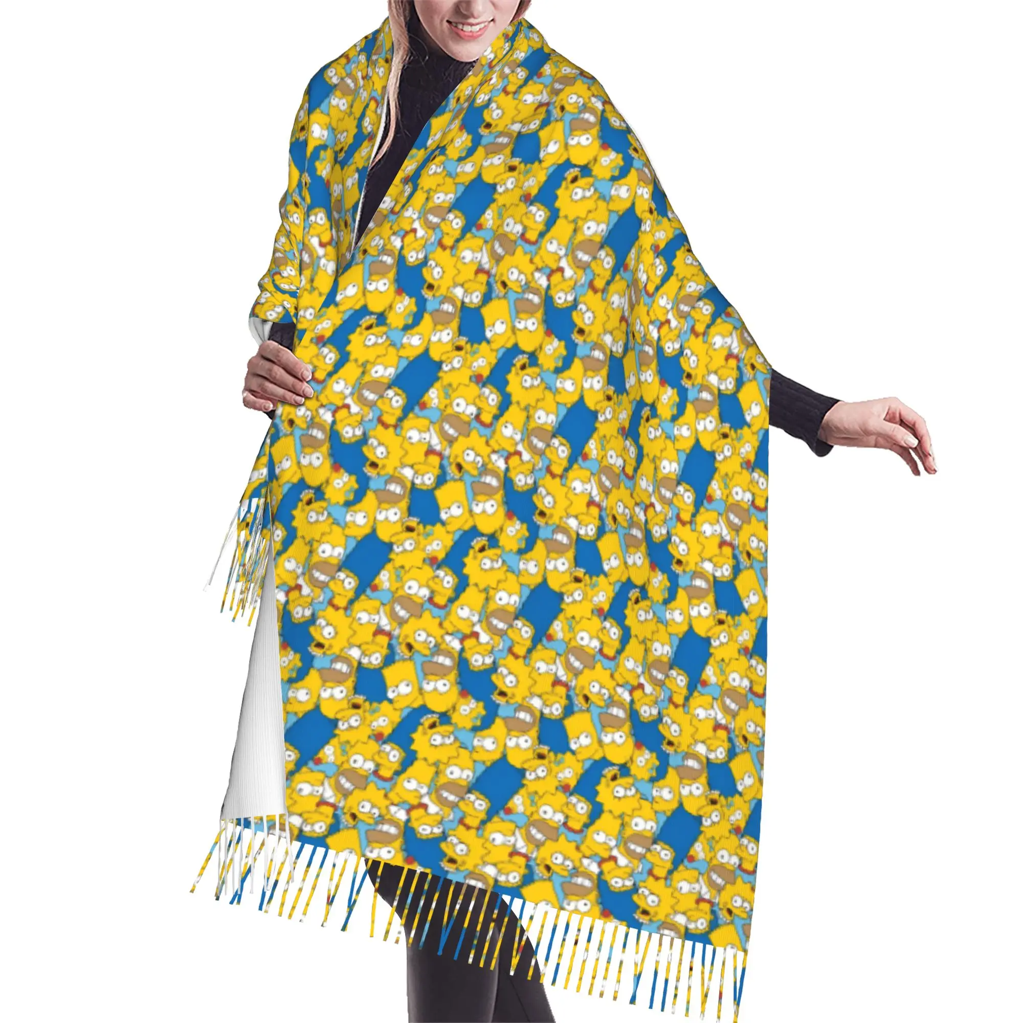 Custom S-Simpsonsed Anime Scarf Wrap Women Long Winter Fall Warm Tassel Shawl Unisex Homer Cartoon Scarves