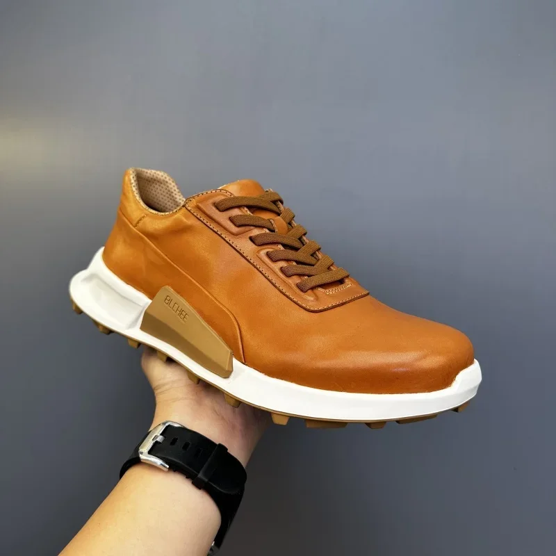 

2024 Spring And Autumn New Men's Casual Shoes Genuine Leather Thick Sole Lace Up Sports And Casual Shoes