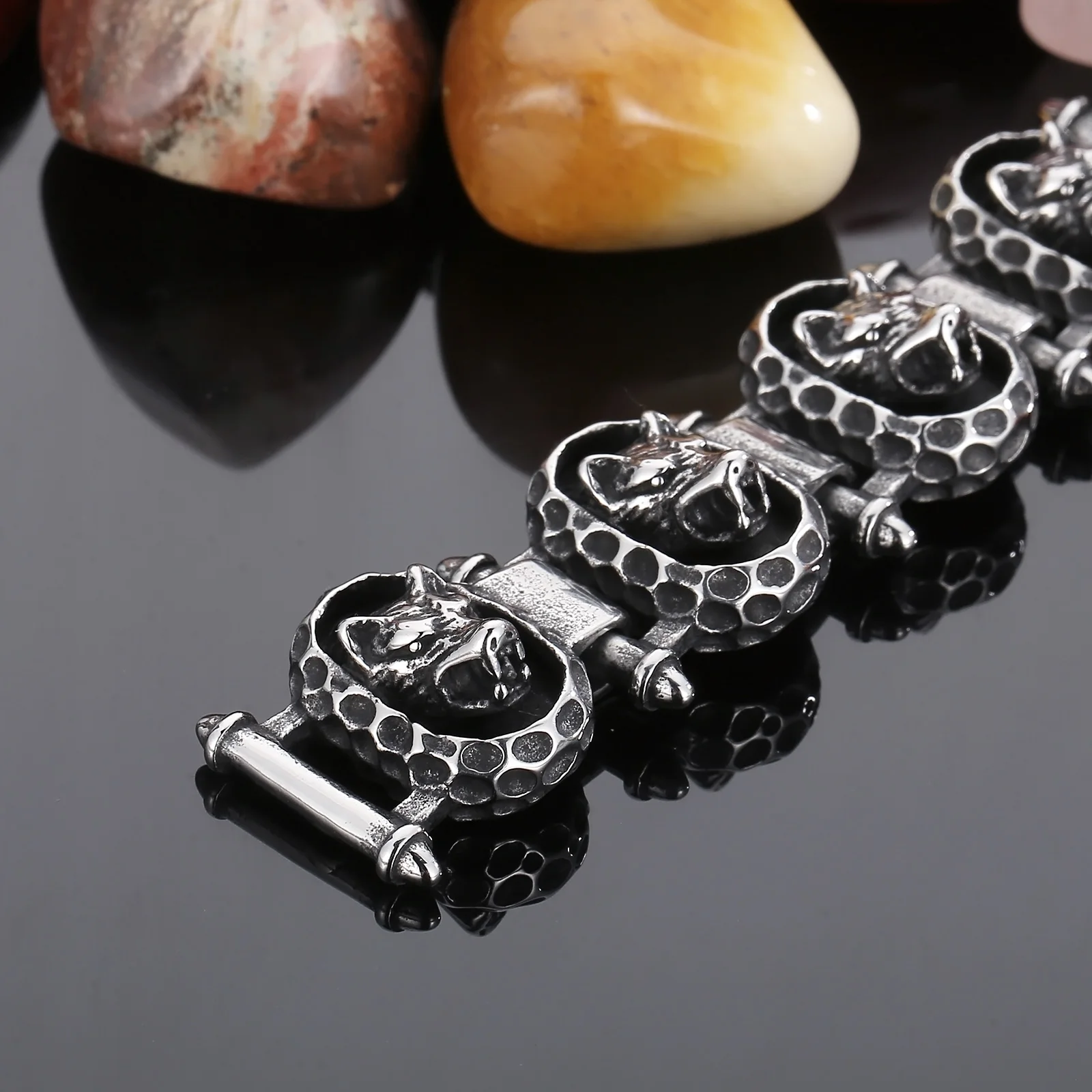 Vintage Wolf Head Chain Man Bracelet Men Stainless Steel Gothic Bikers Bracelets for Celtic Pagan Punk Jewelry