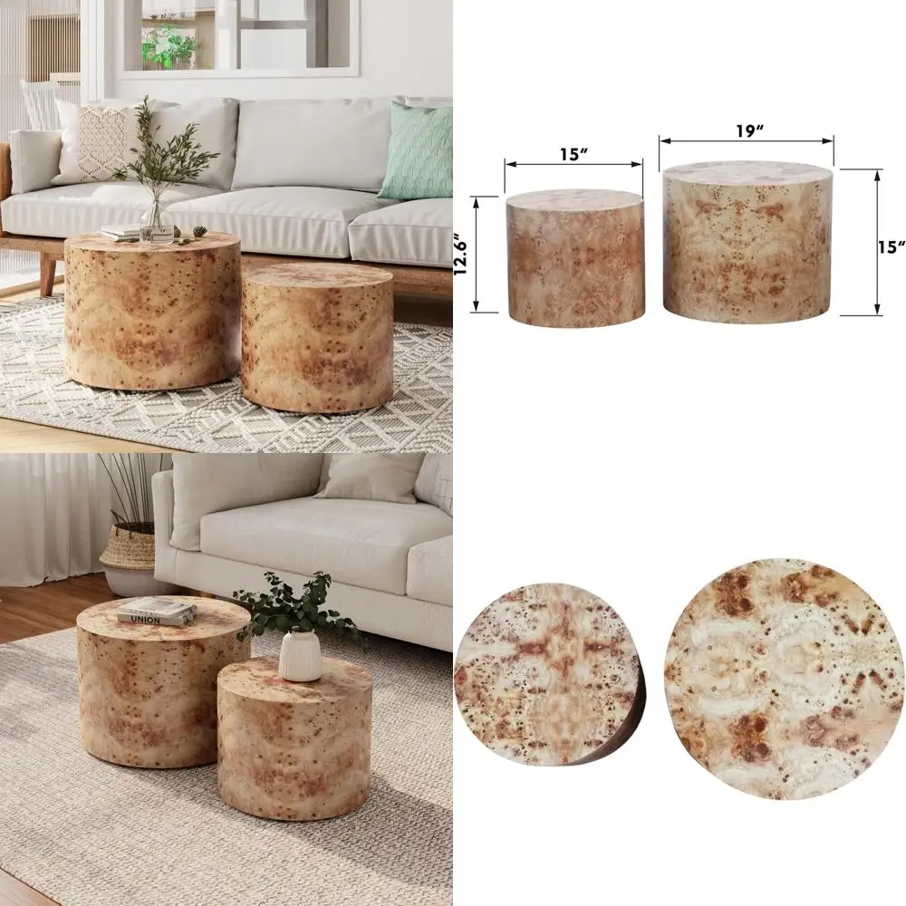 Juego de 2 mesas de centro anidadas de madera redondas modernas para sala de estar, acabado natural, fácil montaje