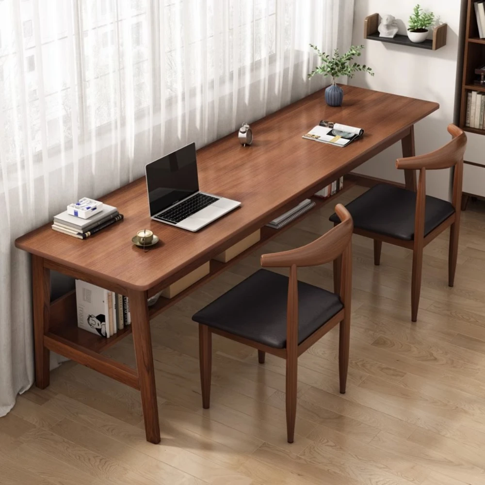 Long table solid wood legs double desk simple office computer home narrow table against the wall