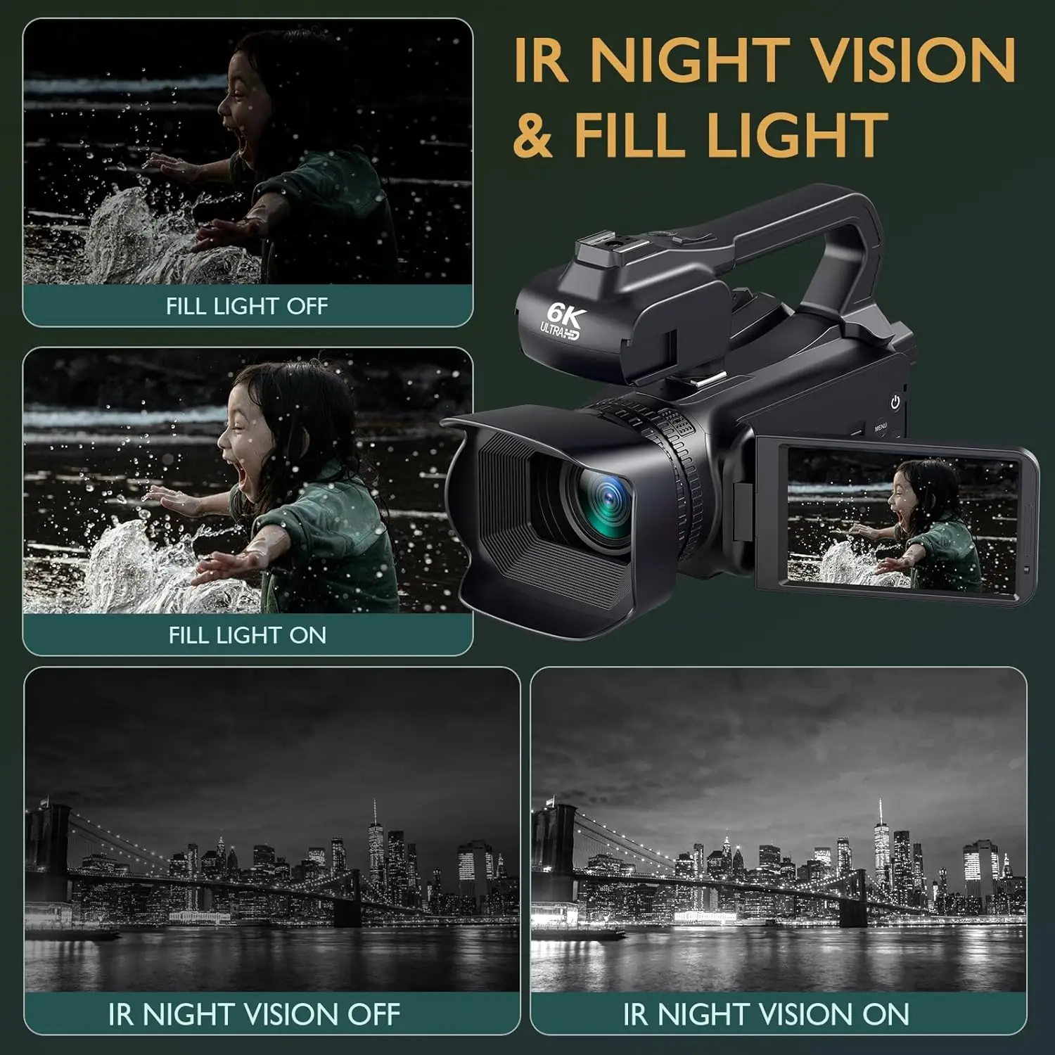 كاميرا فيديو 6K للتصوير الفوتوغرافي 64 ميجابكسل كاميرا فيديو يوتيوب بث مباشر تدوير 4.0 بوصة شاشة تعمل باللمس مسجل مدونة فيديو رقمي كاميرات ويب