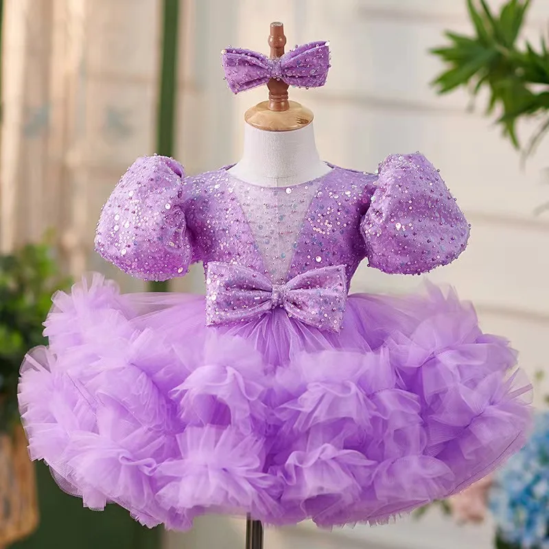 Purple Sequin Puffy Veil Dress European and American Girls Dress 2025 New Western Style Super Fairy Princess Dress Puffy Ruffed