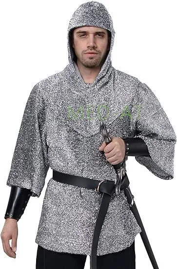 Cosplay Medieval, camisa de correo con cadena falsa, túnica de armadura renacentista, disfraz cruzado de capó de caballero, brazaletes, conjunto de cinturón
