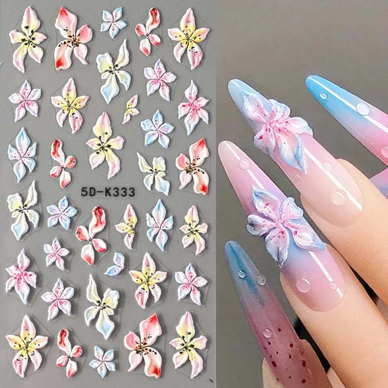 5D tłoczony kwiat motyl naklejki na paznokcie kolorowe kwiatowe płatki projekt naklejki do paznokci akrylowy samoprzylepny suwak wystrój