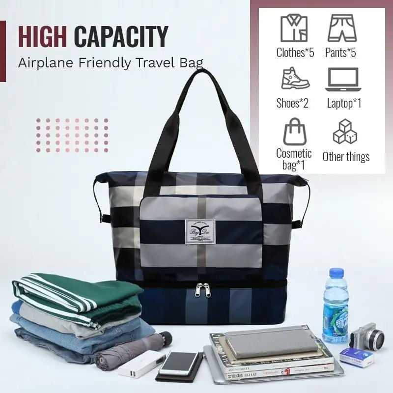 Foldable plaid travel bag shoulder large capacity business weekend luggage bag fitness bag hand storage bag