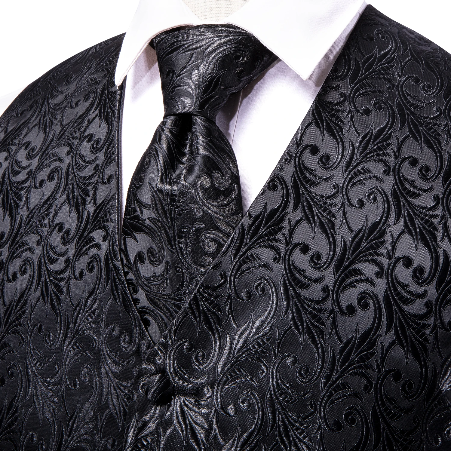 Hi-Tie-Chaleco de seda Jacquard para hombre, chaqueta de cintura sin mangas, chaleco Floral negro puro, corbata de cuello, conjunto de gemelos de