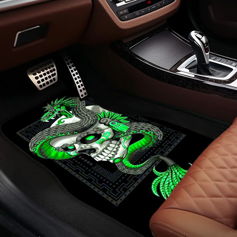 Green Snake And Skull Pattern Universal Car Floor Mats, All-Season, Comfortable, Durable- Fits Most Cars, Set Of 4, Interior Pro