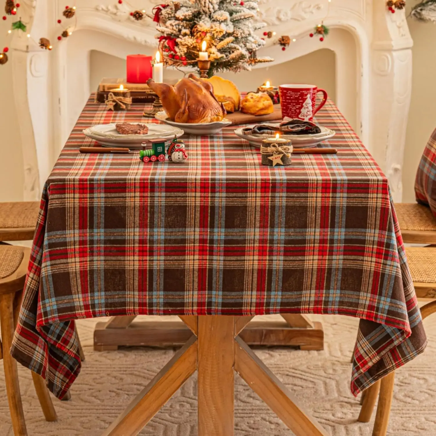 

Red Green Plaid Christmas Holiday Table Cloth Rectangle Suitable For Family Dinner Party Kitchen Restaurant Farmhouse Decoration