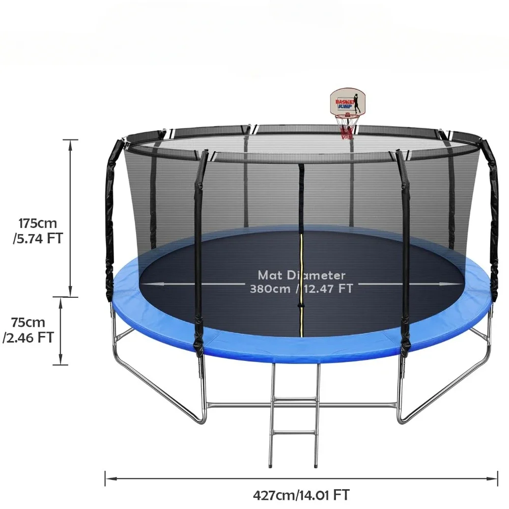 14FT Recreational Trampoline for Kids & Adults with Balance Bar & Basketball Hoop,with Safety Enclosure Net, Ladder, Jumping Mat