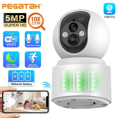 PEGATAH 5MP WiFi 카메라, 10X 줌 베이비 모니터링, 내장 배터리, 무선 PTZ HD 인간 감지 캠, 보안 감시 비디오 