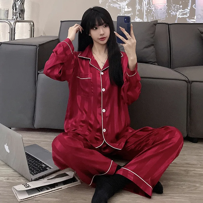 New Pajamas Women's Spring and Autumn ，Summer Long-sleeved Ice Silk Summer Women's Foreign Trade Wholesale Thin Loungewear Set