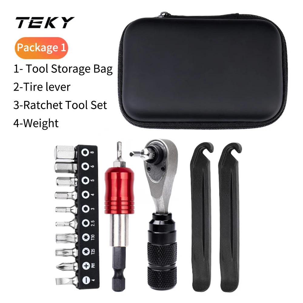 

Portable bicycle tire repair kit with torque ratchet wrench, tire lever and tire pump, essential for road bike repairs
