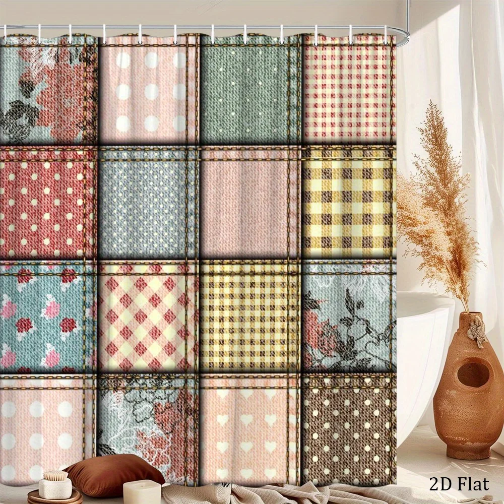 1pc a Pastel-Colored Quilted Shower Curtain Featuring Polka Dots, Gingham Patterns, And Floral Designs, Offering a Vintage And C