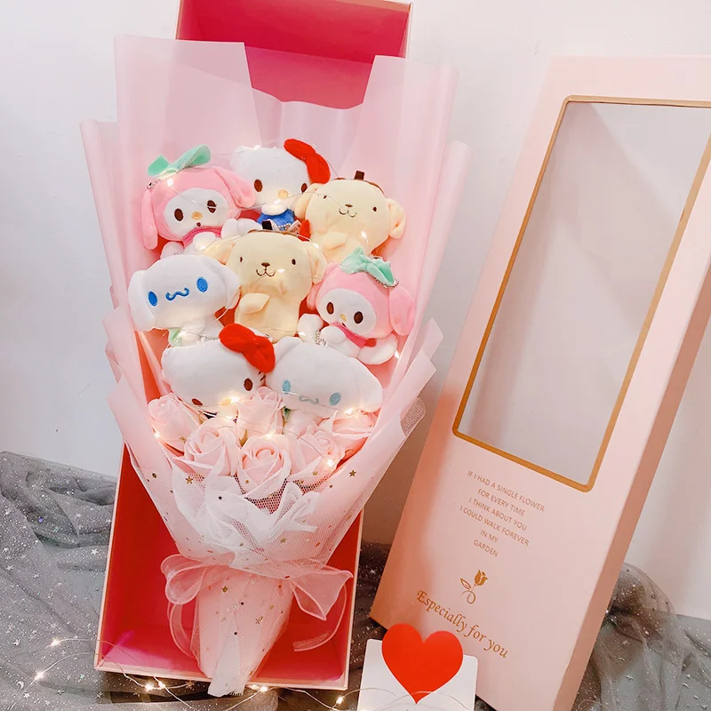 

Led My Melody Hello Kitty Cinnamoroll Kawaii Плюшевые игрушки плюшевые цветы Букет Рождественский подарок День Святого Валентина плюшевый подарок без коробки