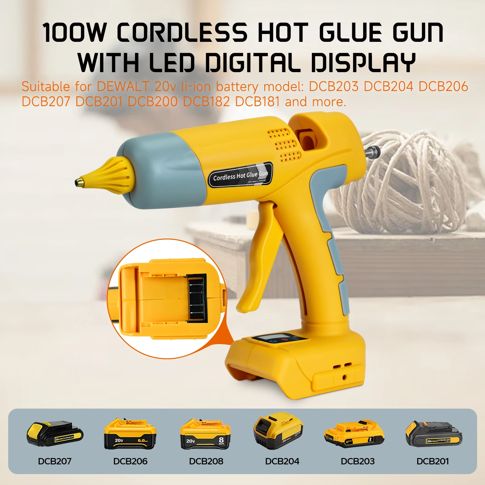 100W Cordless Hot Melt Glue Gun with 20V 4000mAh Battery and 10 Glue Sticks Repair DIY Tool Set for Dewalt Li-ion Battery