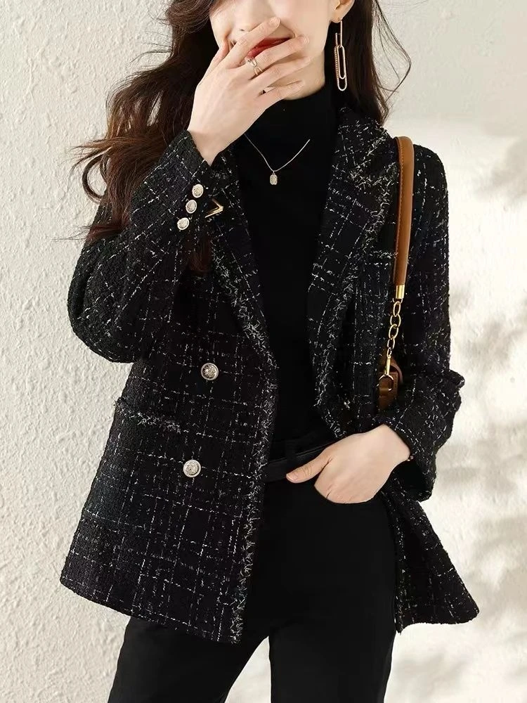 

Женский корейский стиль, новинка 2025, осенне-зимний стеганый утепленный твидовый пиджак премиум-класса в стиле ретро, повседневный блейзер, плащ