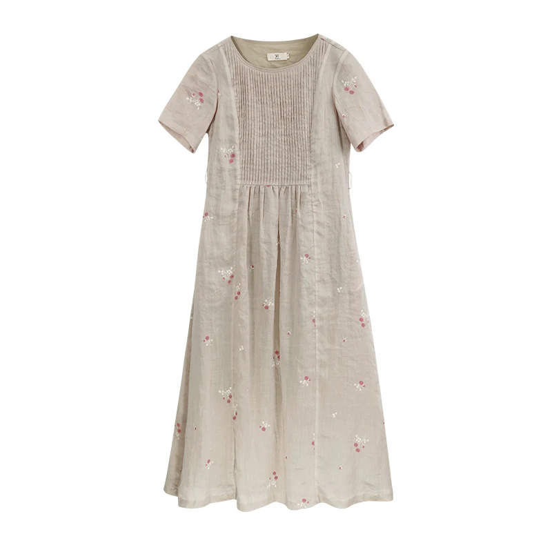 Vestido de Lino Bordado Ele, de una Pieza 5350, de Dos Piezas 4280, Estilo Artístico, Hermosa Falda Larga, Manga Corta, Cuello Redondo