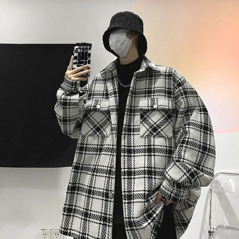 

Casual Men's Wool Coat Spring Autumn Loose Checkered Ins Hong Kong Style Korean Versatile Outerwear