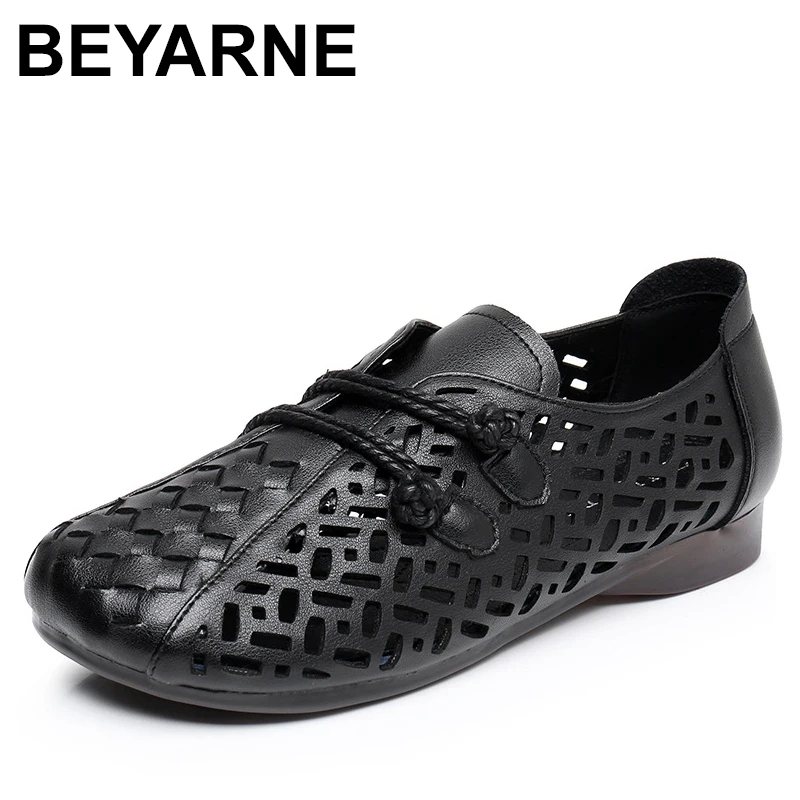 Summer Genuine Leather Hollow Shoes Woman Sandals Casual Sneakers Flat Soft Sole Comfortable Sandals Large Size