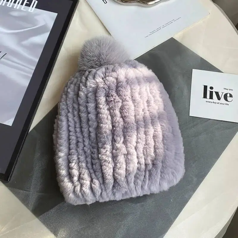 Winter Rex Rabbit Fur Hat Cute Ear Protection Thickened Warm Fur Hat Elastic Handmade Knitted Fur Hat Fashion Real Fur Knit Caps