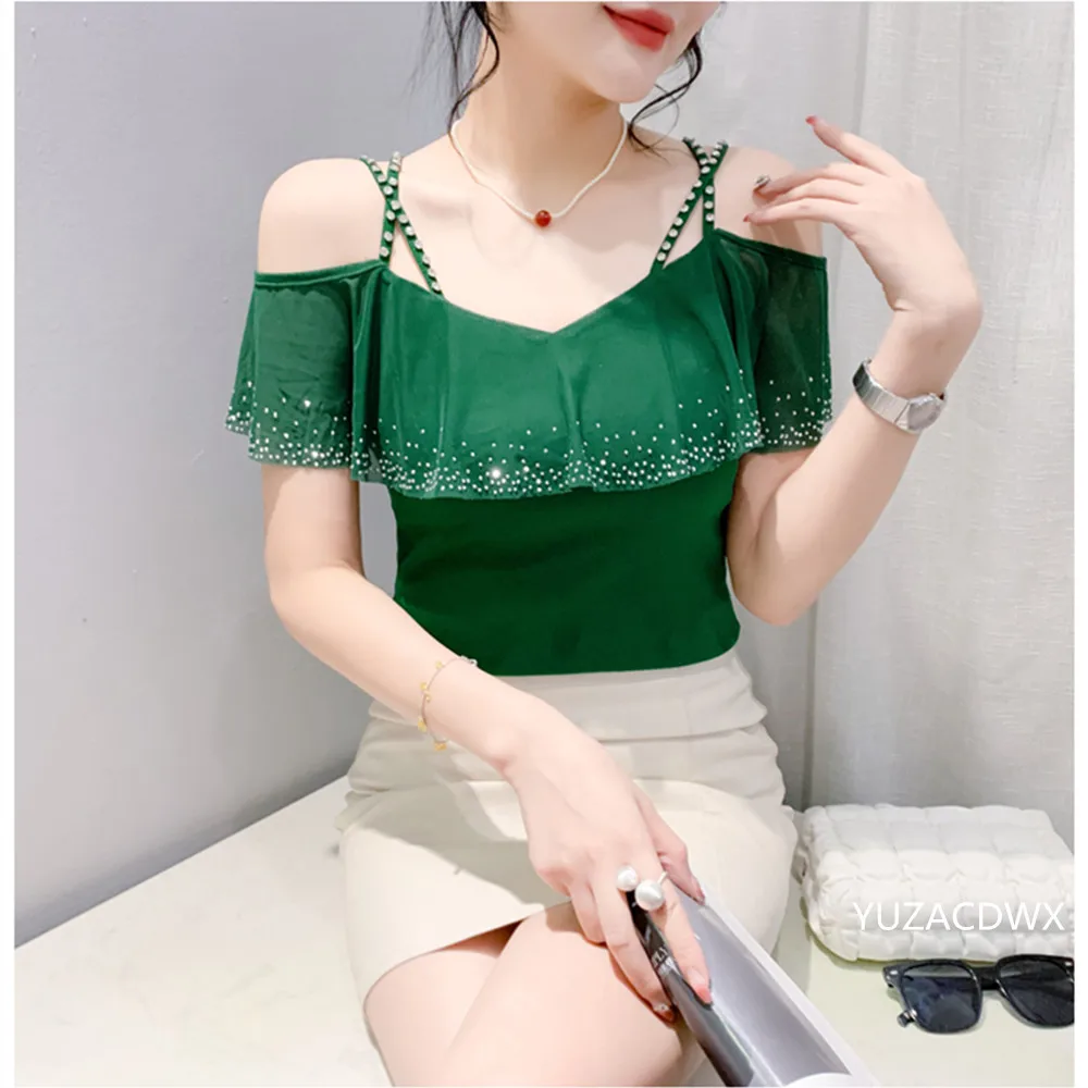 Summer New Fashion Mesh Hot Diamond Drill Spliced V-Neck Top Shoulder Strap with Diamond Sexy And Slimming T-Shirt Tees