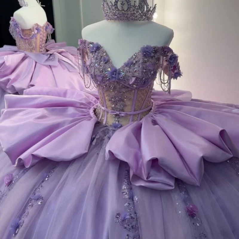 

Purple Quinceanera Dress off-shoulder Glitter Flower Decal Crystal Long tail Layering Bow Vestidos de 15 Quinceanera ﻿Customize