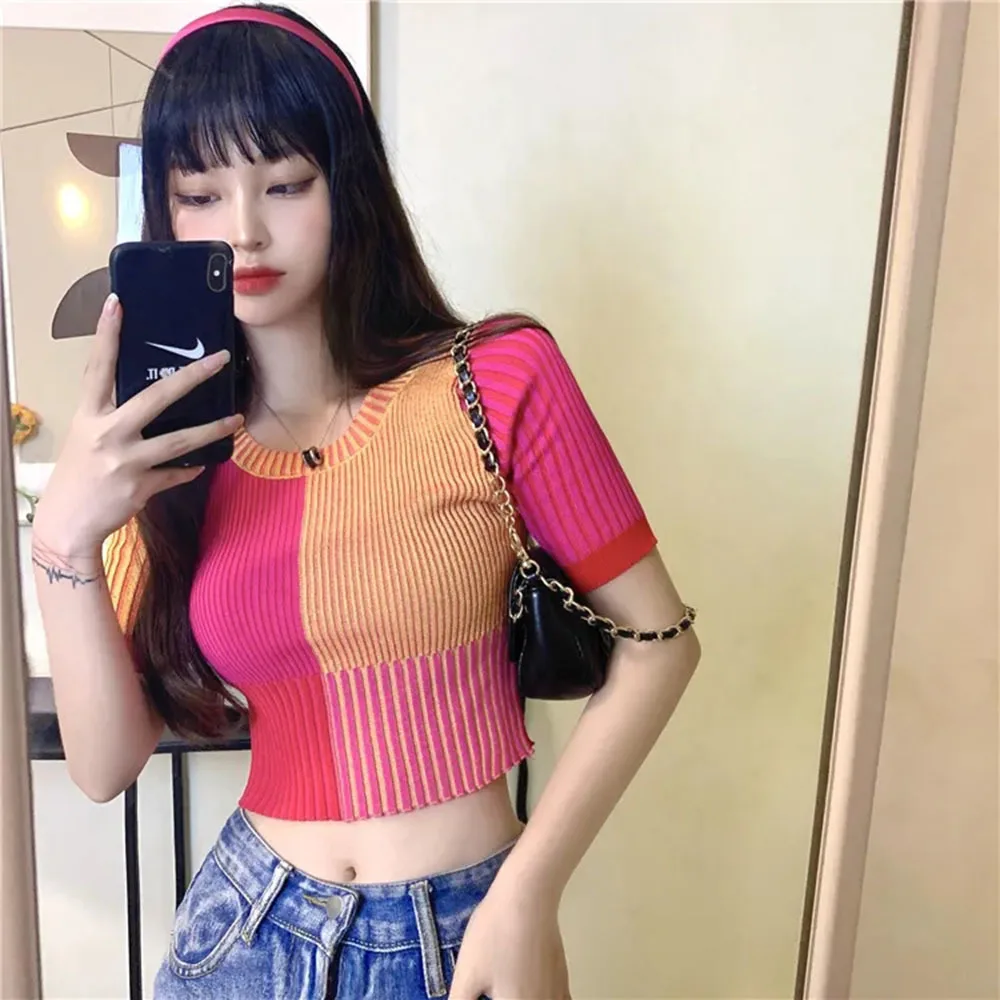 Color Plaid Woman T Shirts Summer Slim-Fit T-shirt Knitted Short-Sleeved Vertical Striped Top For Women Crop Top Mujer Camisetas