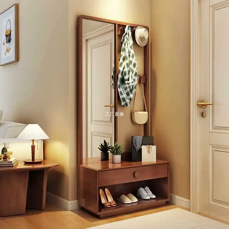 

Floor-to-ceiling mirror Solid wood mirror Full-body full-length mirror Hanging hanger Integrated home shoe change stool Entrance