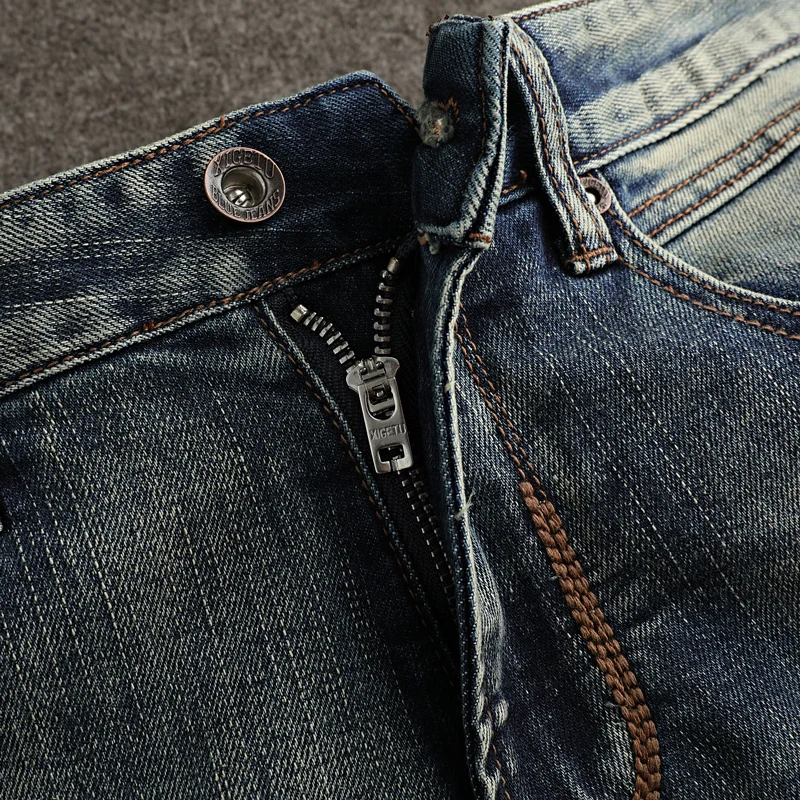 talian designer fashionable new men's jeans with elastic slim fit, washed blue vintage jeans, high-quality motorcycle pants