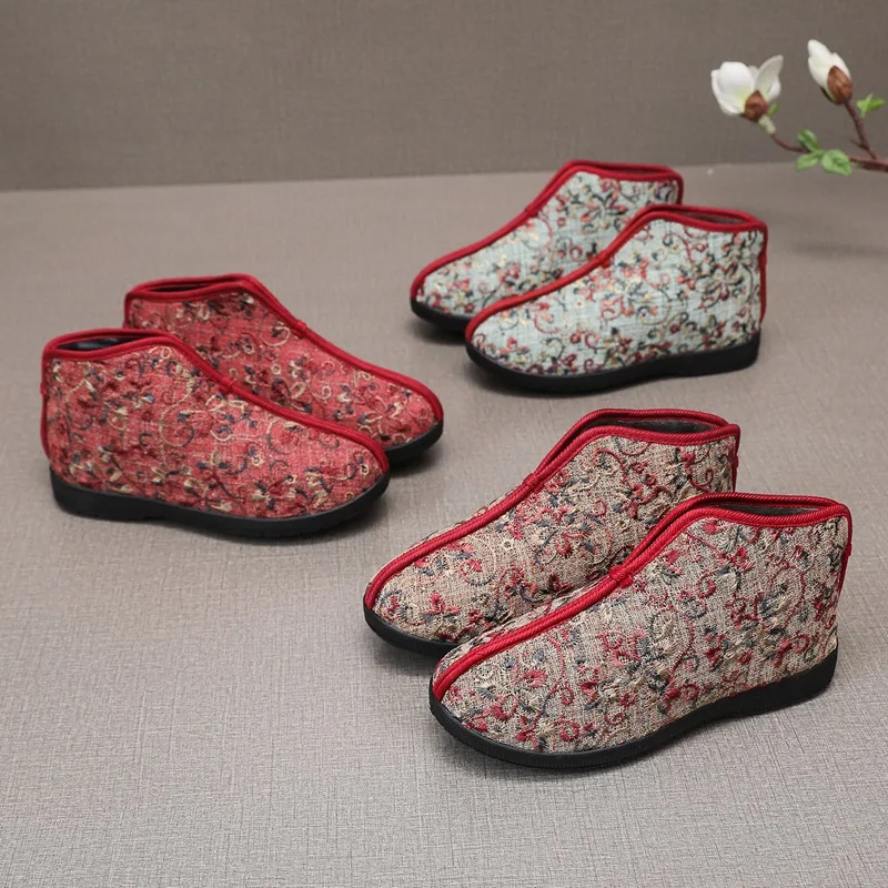 Size 36-41 Embroidered Cotton Deep Mouth Chinese Cloth Shoes High-top Winter Warm Shoes Fleece-lined Thickened Short Boots Women