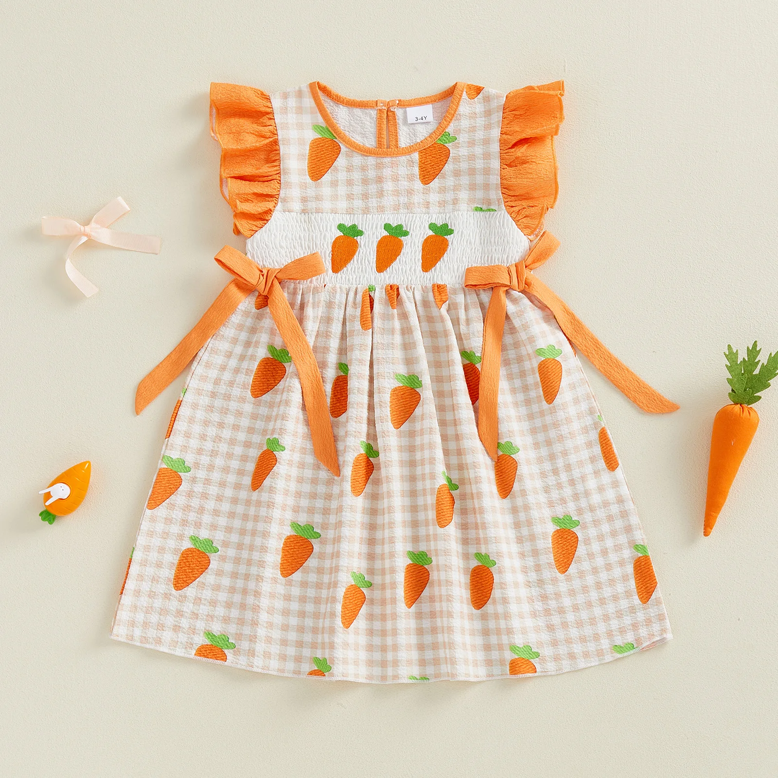 فستان عيد الفصح للفتيات الصغيرات بأكمام طويلة ورقبة دائرية وتطريز على شكل جزرة فستان كاجوال للأطفال الصغار #2