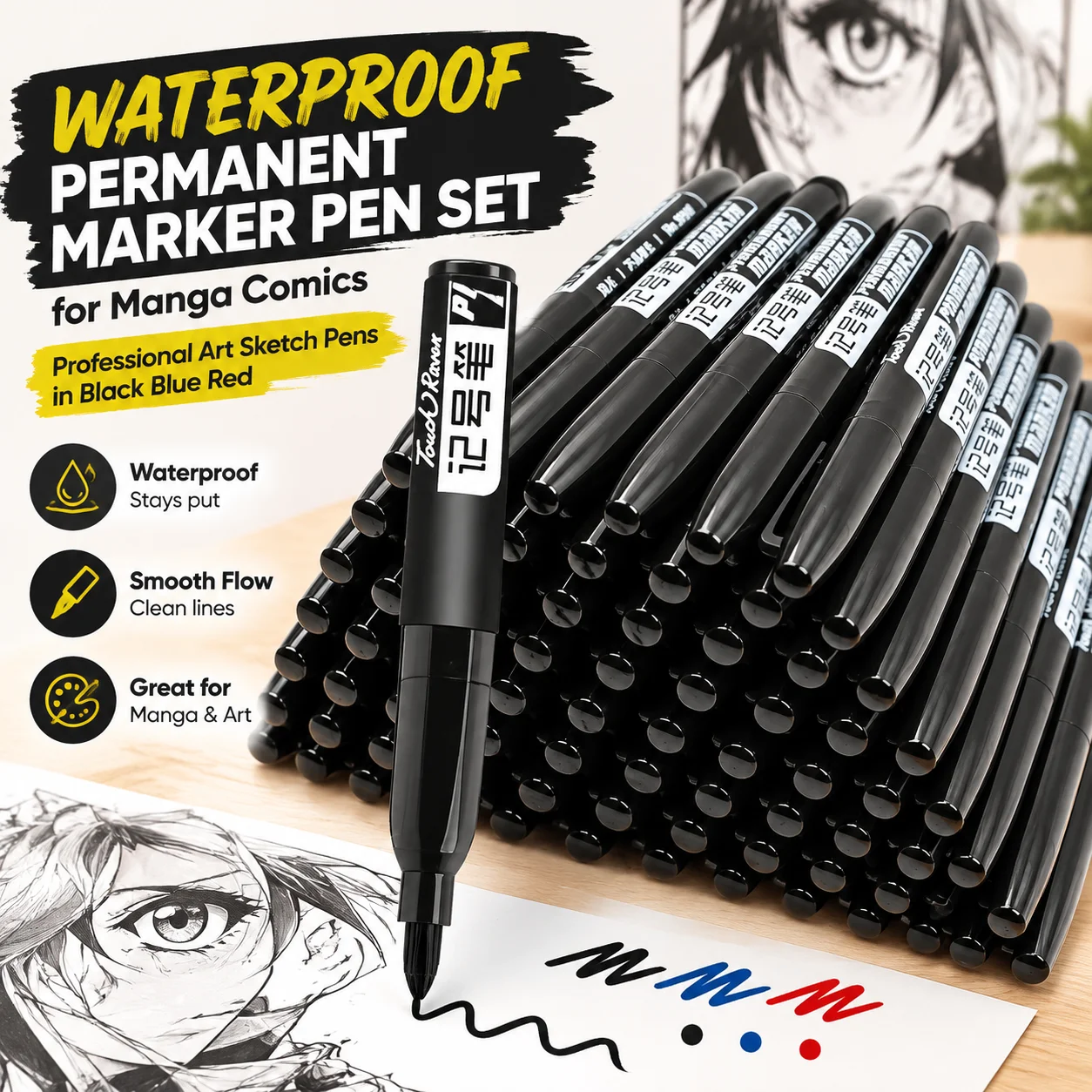 Waterproof Permanent Marker Pen Set for Manga Comics, Professional Art Sketch Pens in Black Blue Red