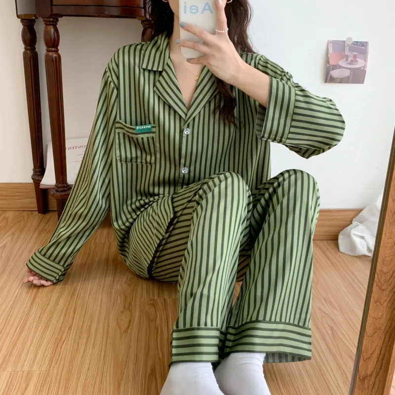 Women\'s Pajamas Sets Spring Autumn 2 Piece Striped Green Pyjama Faux Silk Satin Sleepwear Long Sleeve Pijama Mujer Pjs Homewear