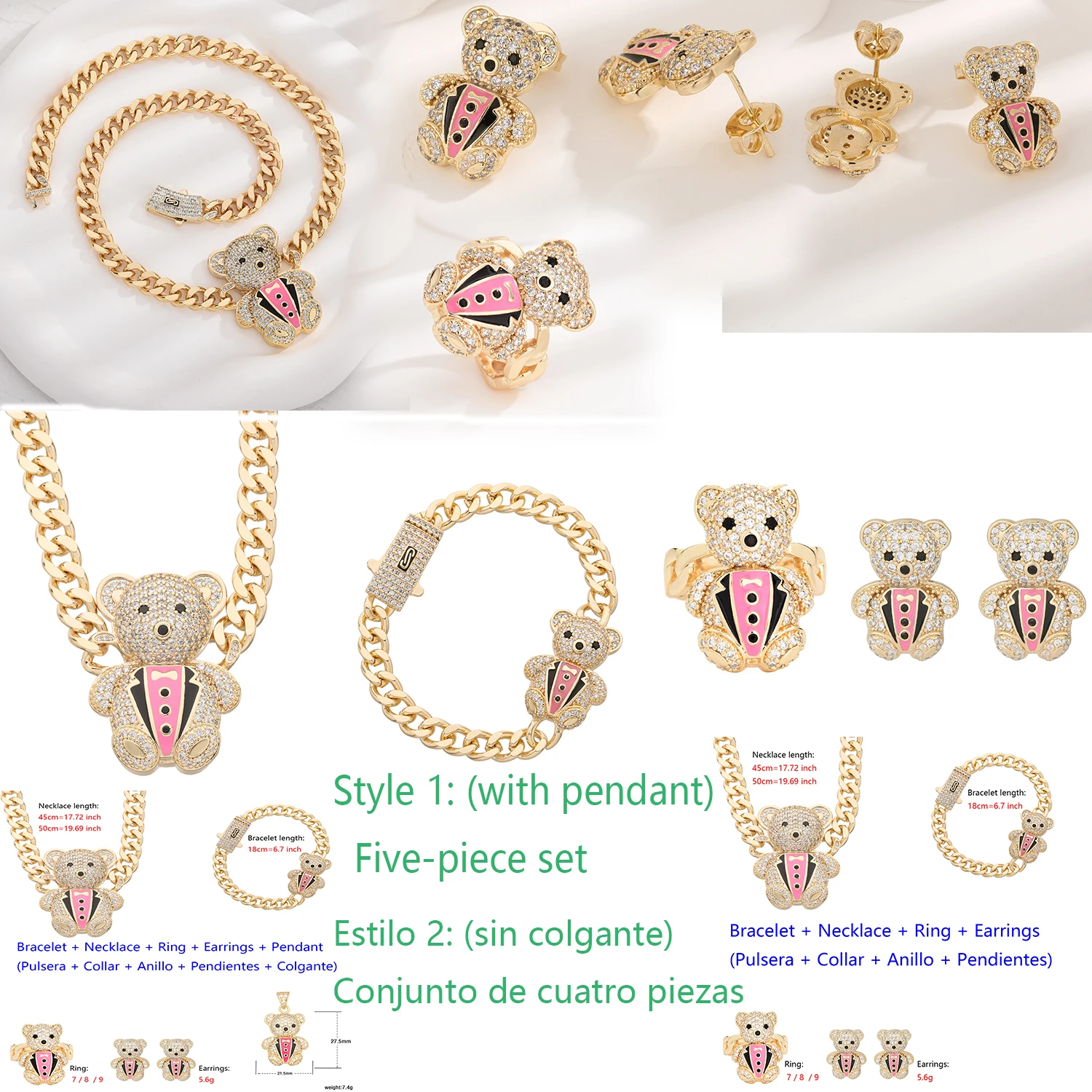 

This 3D Hypoallergenic Teddy Bear Jacket Jewelry 4-Piece Set Is a Cute Retro Jewelry Piece for Hip-Hop Girls