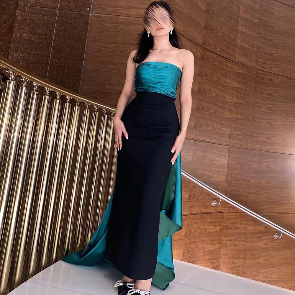 

Tea Length Straight Jersey Sleeveless Strapless Pleats Sweep Train Dubai Evening Caftan Dress Fashion Bespoke Occasion Gowns