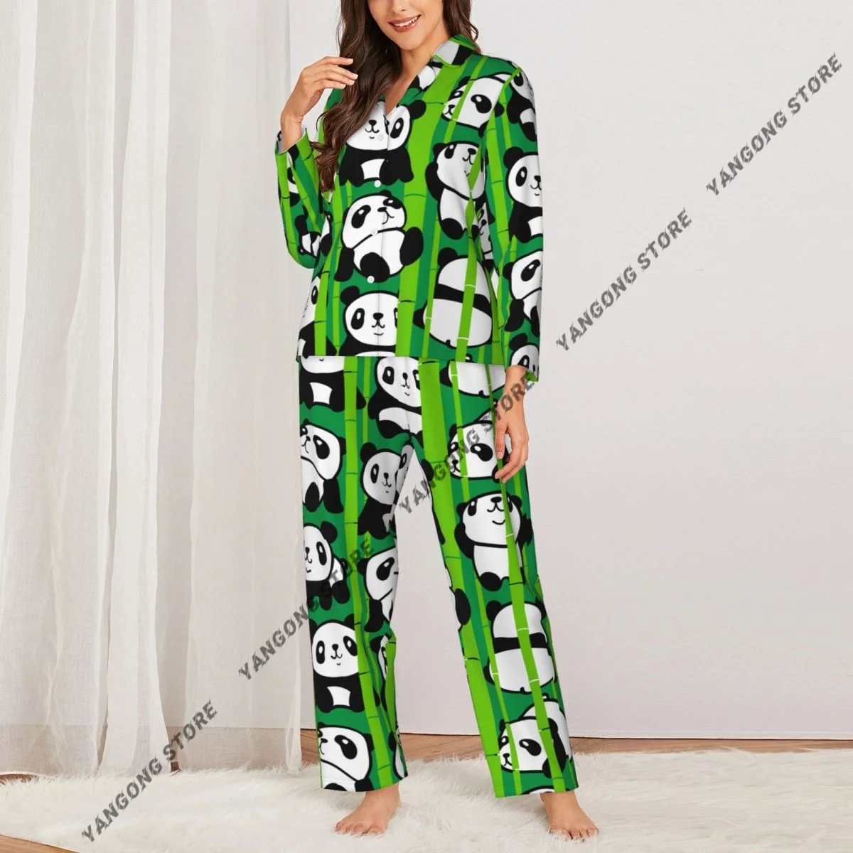 Spring and Autumn Pajama Set Women's Long Sleeve Pants Two Piece Cute Panda And Bamboo Home Furnishing Set